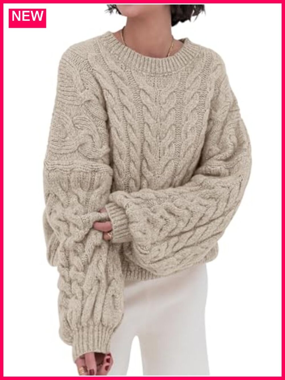 Women's Cable Knit Oversized Sweater Long Sleeve Crewneck Chunky Pullover